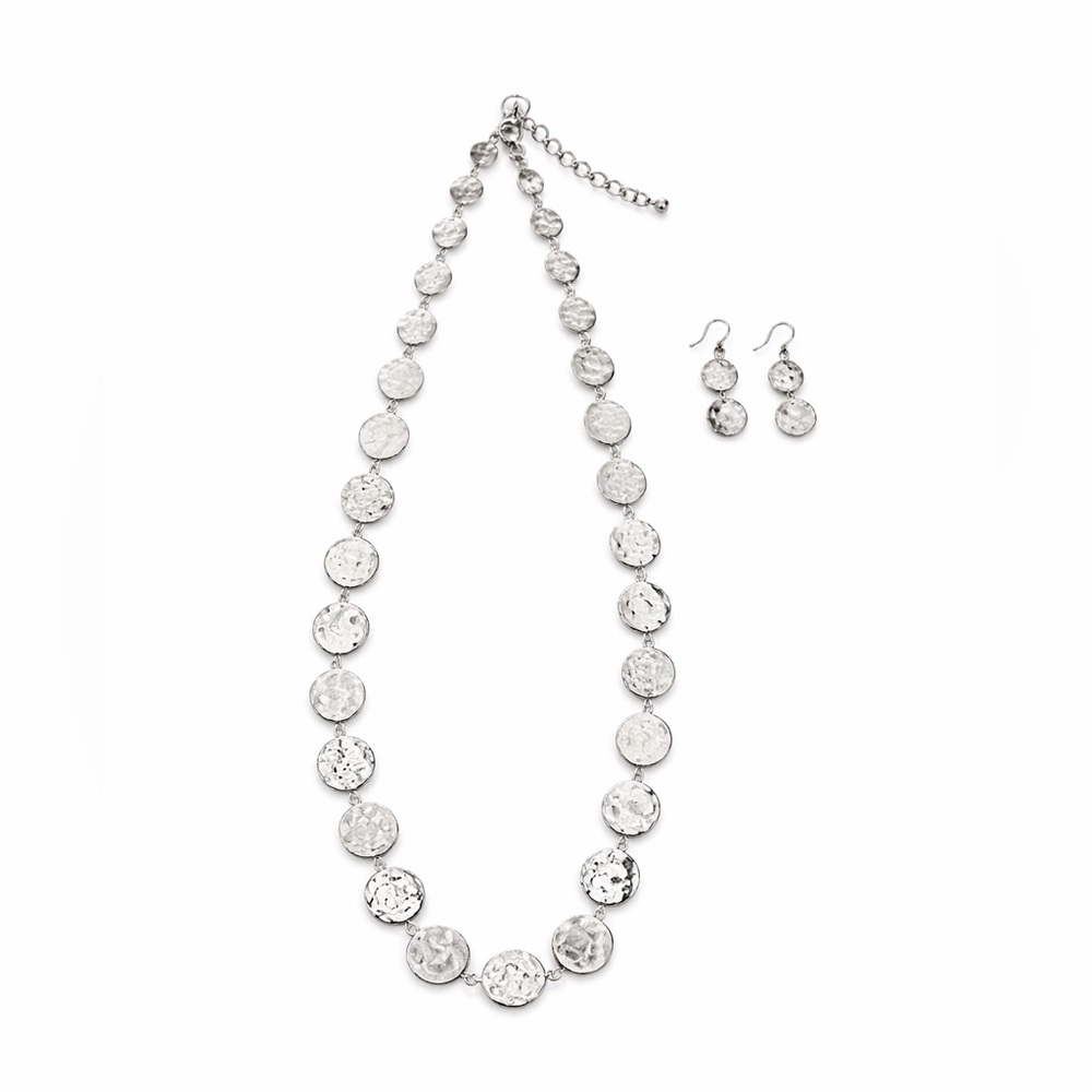 Chico’s Silver Tone Disk Statement Necklace & Dangle Earrings Set